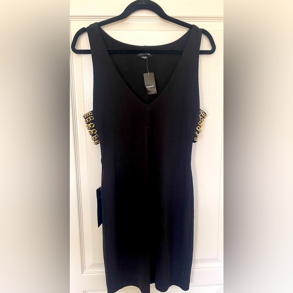 BWT Bebe vneck stretchy dress with gold chain detail cutout under arms
